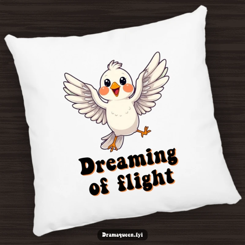 Funny Bird Pose Pillow: A cheerful bird dramatically striking a pose mid-flight, wings spread, offering soft humor.