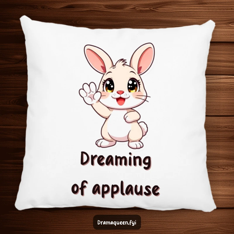 Funny throw pillow featuring a cute bunny character with wide eyes, striking a dramatic pose with a raised paw, perfect for humorous decor.