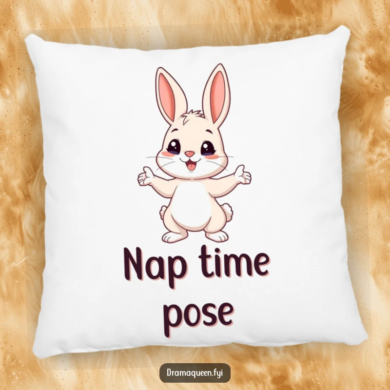 Funny Bunny Pose Pillow: A playful bunny dramatically striking a pose with ears perked up, offering soft humor.
