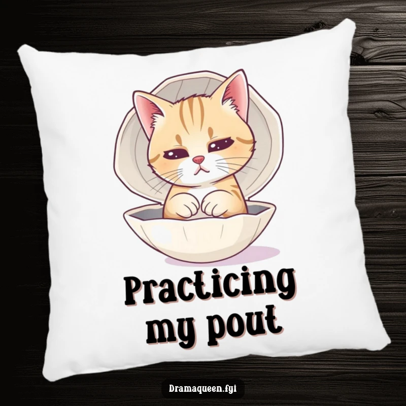 Funny Cat Sad Face Pillow with a dramatic feline practicing its sad expression in a polished seashell.