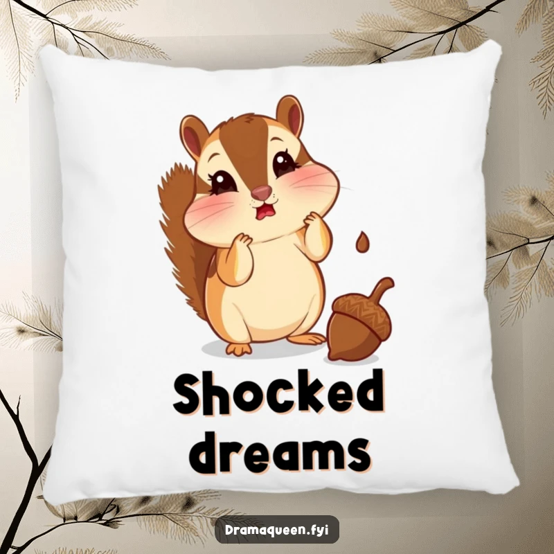 Funny chipmunk pillow with puffed cheeks looking shocked at a falling acorn. Soft, decorative, and humorous, great for gifting.