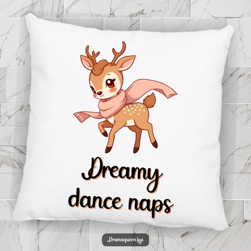 Funny Deer Twirl Pillow featuring a graceful deer twirling with a shimmering scarf, perfect for adding comfort and elegant humor.