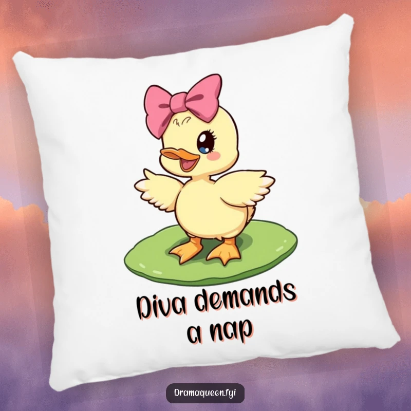 Funny diva duckling pillow featuring a delighted duckling with a giant bow striking a diva pose on a lily pad, soft and decorative.