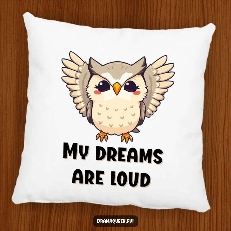 Funny pillow featuring a dramatic owl hooting with flair and extended wings, perfect for adding comfort and comedic drama.