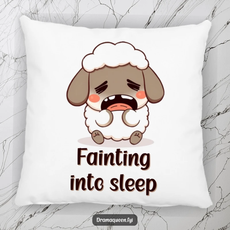 Funny Fainting Sheep Pillow: A humorous sheep character faints dramatically, perfect for cozy comfort and funny decor, a gift.