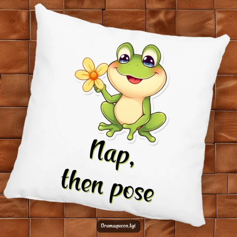 Funny frog pillow with a goofy smile posing dramatically with a flower. Soft, decorative, and humorous, great for gifting.