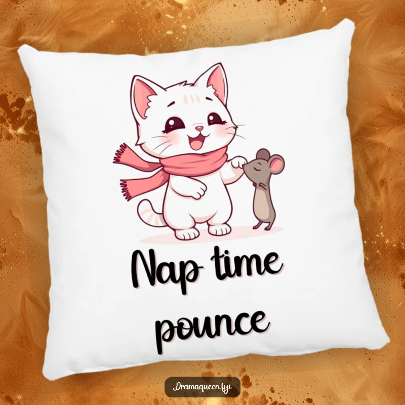 Funny Kitten Pillow: A happy kitten in a pink scarf dramatically reaching for a toy mouse, a cute and comfy funny gift.