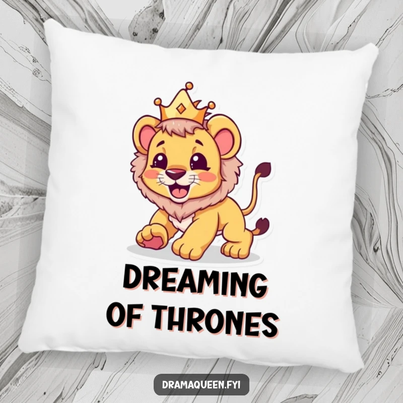 Funny pillow showcasing a lion cub wearing a crown, playfully pouncing, offering soft, humorous comfort and a touch of majesty.