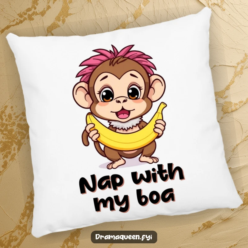 Funny curious monkey character wearing a feathery boa, striking a surprised pose with a banana, plush pillow, quirky comfort.