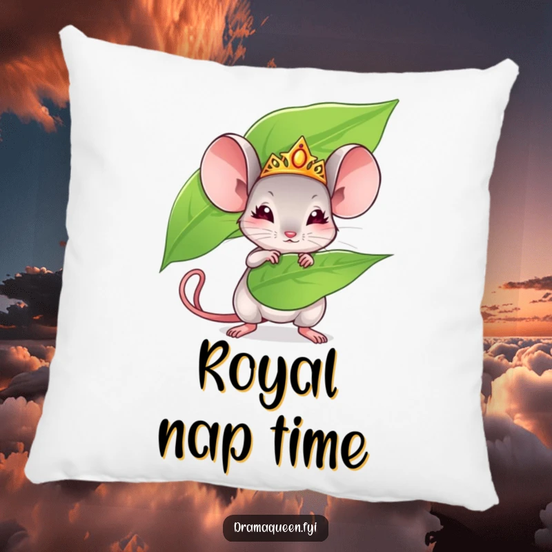 Funny mouse pillow with a tiny mouse wearing a tiara fanning dramatically. Soft, decorative, and humorous, great for gifting.