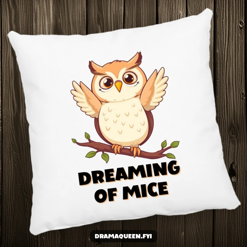Funny owl pillow showcasing a delighted character in a dramatic pose on a branch, offering comfort and humorous wisdom.