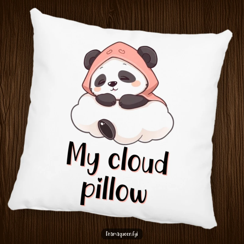 Funny pillow showcasing a panda in a cape napping peacefully on a cloud, offering soft, humorous comfort and dreamlike appeal.
