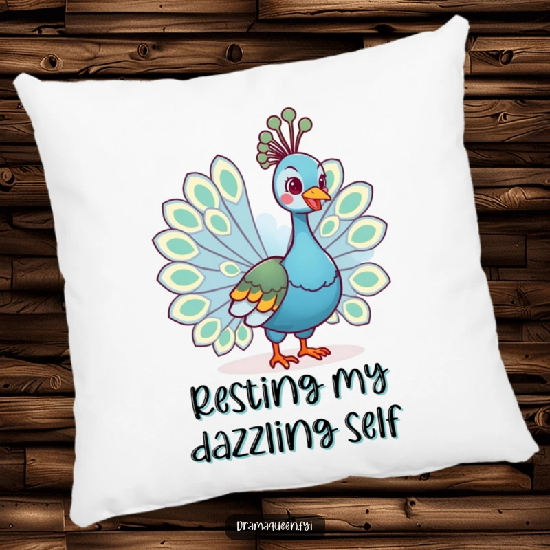 Funny pillow featuring a regal peacock fanning its tail feathers with a cheerful grin, perfect for adding comfort and vibrant humor.