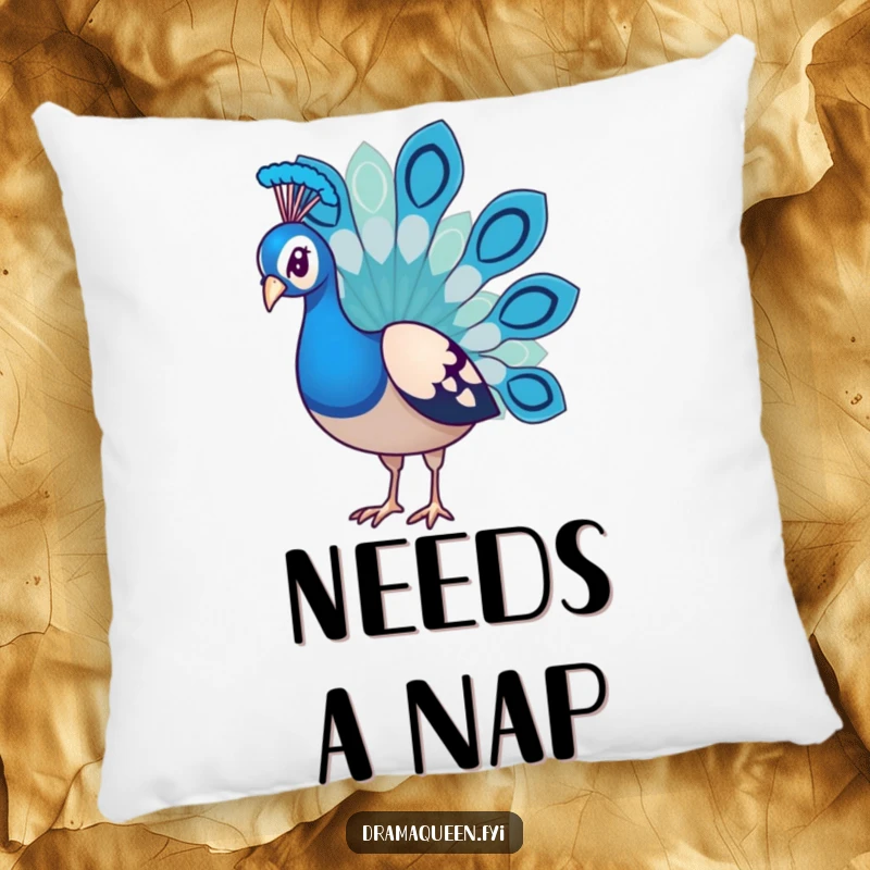 Funny Peacock Pillow with a dejected bird and droopy feathers, offering a soft, humorous touch to home decor.