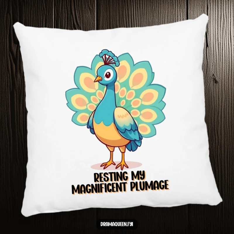 Funny Peacock Pillow featuring a proud character showcasing its magnificent tail feathers, providing comfort with a touch of vibrant humor.