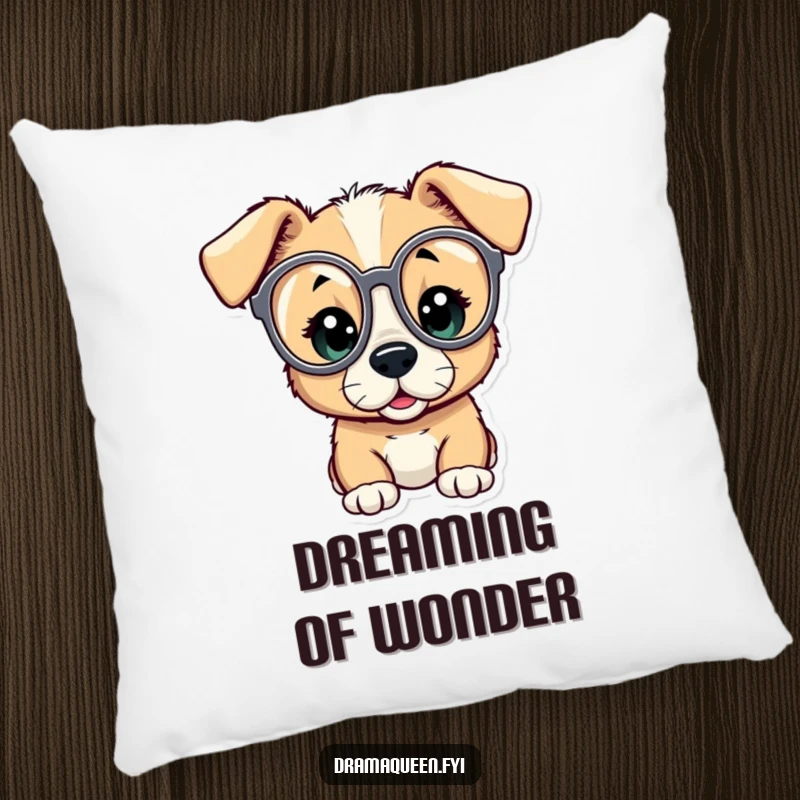 Funny throw pillow featuring a curious puppy using oversized opera glasses, eyes wide with utter amazement, adding humor to decor.