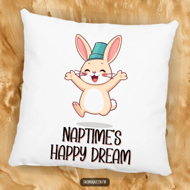 Funny pillow showcasing a rabbit in a fancy hat jumping with glee, perfect for soft, humorous comfort and a cheerful atmosphere.