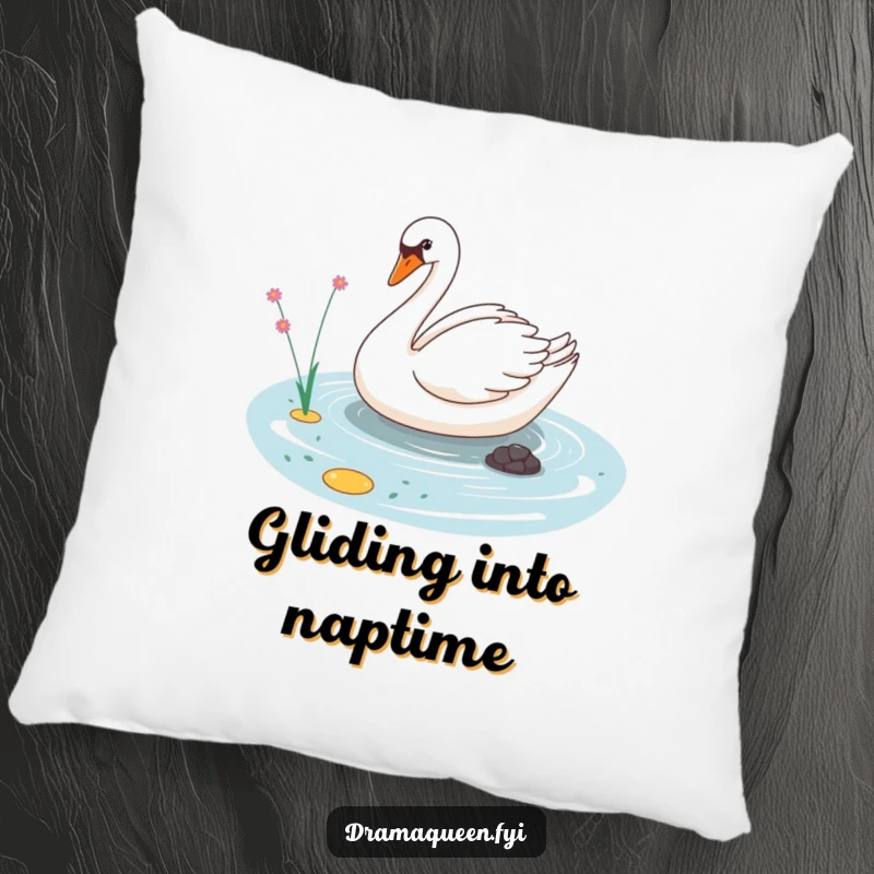 Funny pillow showcasing a sassy swan character elegantly gliding on a tiny pond, offering humorous comfort and style.