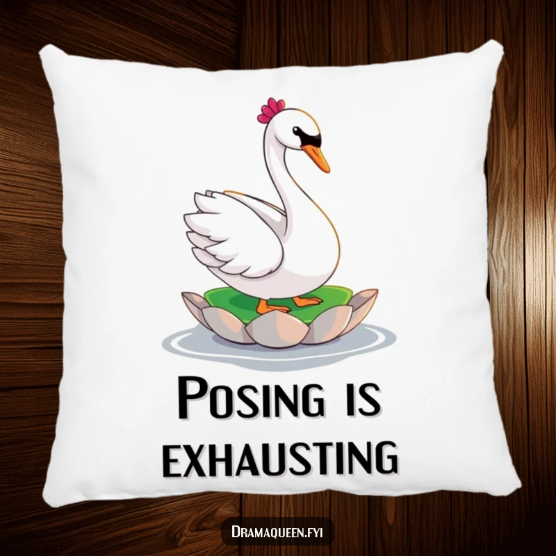 Funny swan pillow showcasing a glamorous character in a dramatic pose on a lily pad, designed for elegant comfort and humorous appeal.
