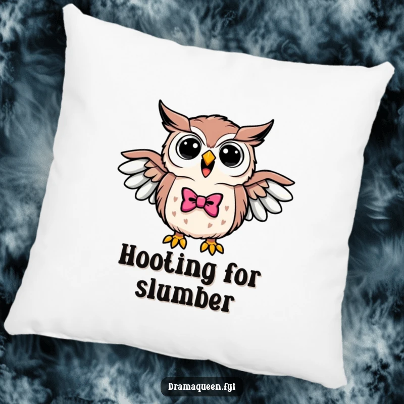 Funny pillow of a triumphant owl wearing a bowtie, hooting loudly with wings outstretched, offering cozy wisdom.