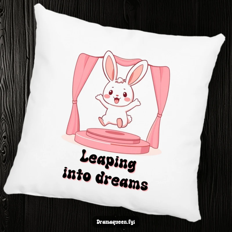 Funny playful bunny character leaping onto a miniature stage on a pillow, offering cozy performance dreams and humor.