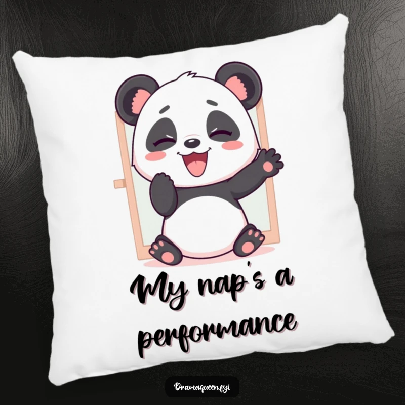Funny pillow designed with a giggling panda practicing dramatic poses in front of a mirror, offering comfort and a touch of humor.