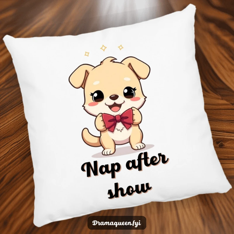 Funny Pillow with a soft, plush design of a gleeful dog character performing a theatrical bow, perfect for cozy, dramatic comfort.
