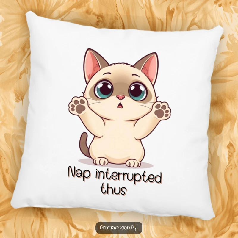 Funny Pillow: Soft Siamese cat with wide, surprised eyes and paws held up in a gesture of shock.