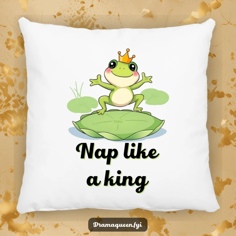 Funny frog king pillow, smiling frog wearing a crown leaping onto a giant lily pad. Soft and regal decor. Perfect.