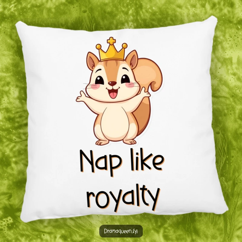 Funny pillow featuring a cheerful squirrel wearing a small crown, gesturing grandly, a soft and humorous touch to any seating.