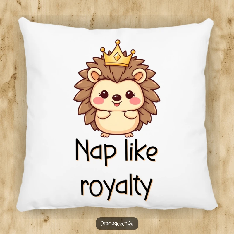 Funny hedgehog pillow showcasing a happy character wearing a tiny, sparkling crown, designed for cozy comfort with a regal, humorous twist.