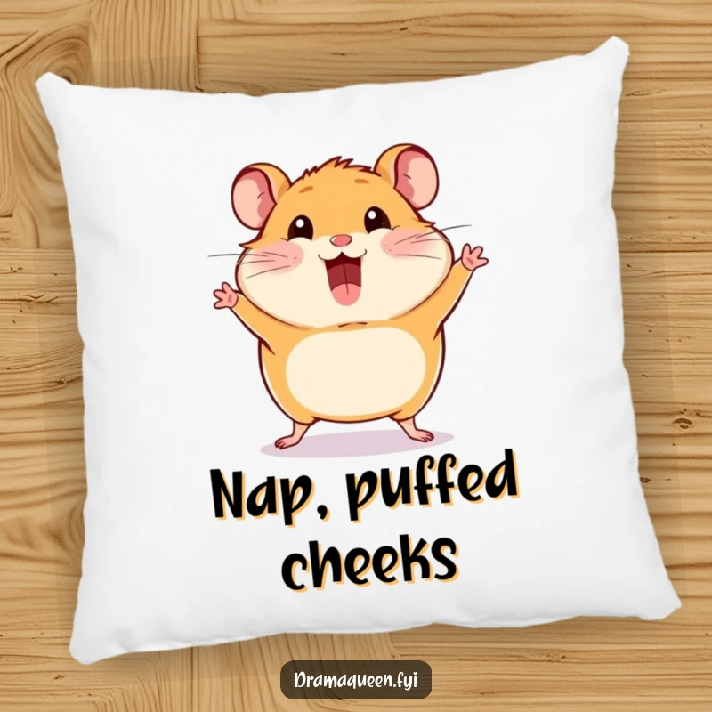 Funny Hamster Pose Pillow: A happy hamster striking a dramatic pose with cheeks puffed out, offering soft humor.