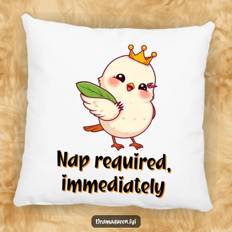 Funny pillow showcasing a bird with a crown fanning itself with a leaf, adding dramatic flair and plush comfort.