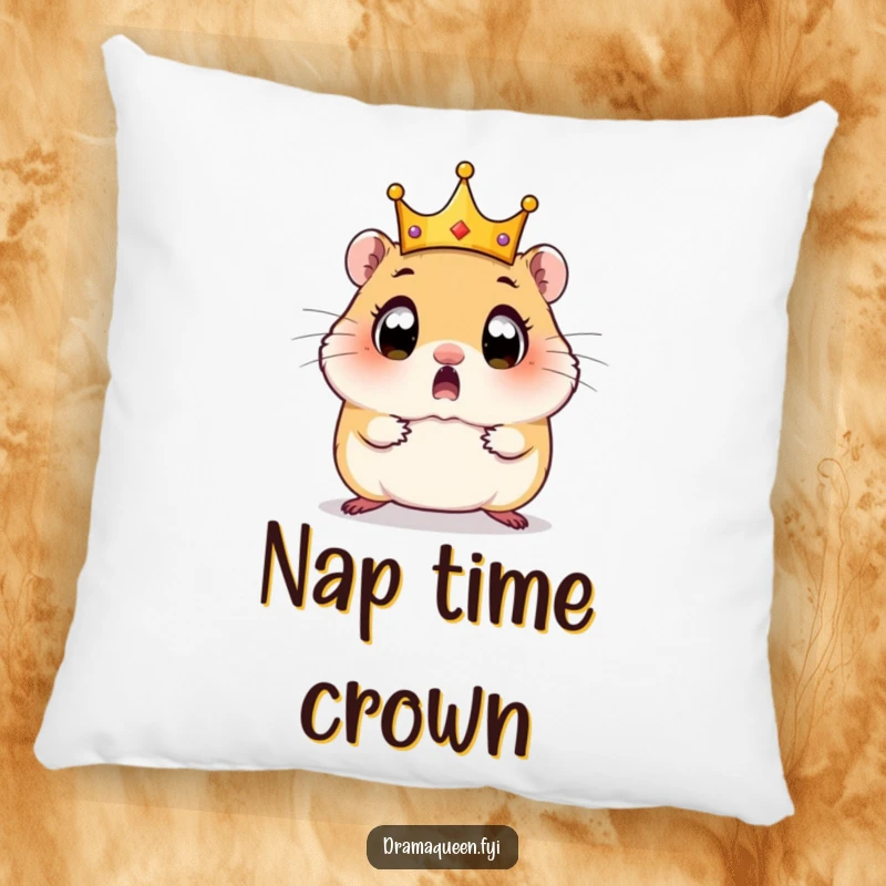 Funny Hamster Pillow: A surprised hamster with wide eyes watches its tiny crown comically tumble off its head.
