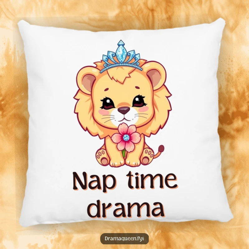 Funny cute lion cub character wearing a sparkling tiara, pouting dramatically with a flower, plush pillow, regal comfort.