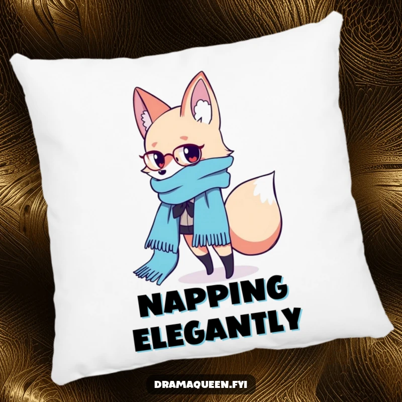 Funny Fashion Fox Scarf Pillow: A fashionable fox poses with a flowing scarf, adding chic and funny comfort to a room, funny gift.