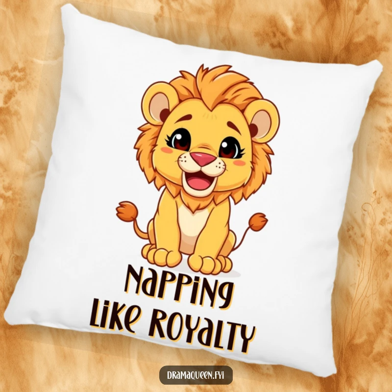 Funny Pillow: Soft and cuddly lion cub demonstrating a majestic pose with a sweet, infectious, playful grin.