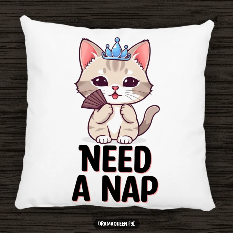 Funny Cat Tiara Pillow: A cute cat wearing a tiny tiara, dramatically fanning itself, offering plush, humorous comfort.