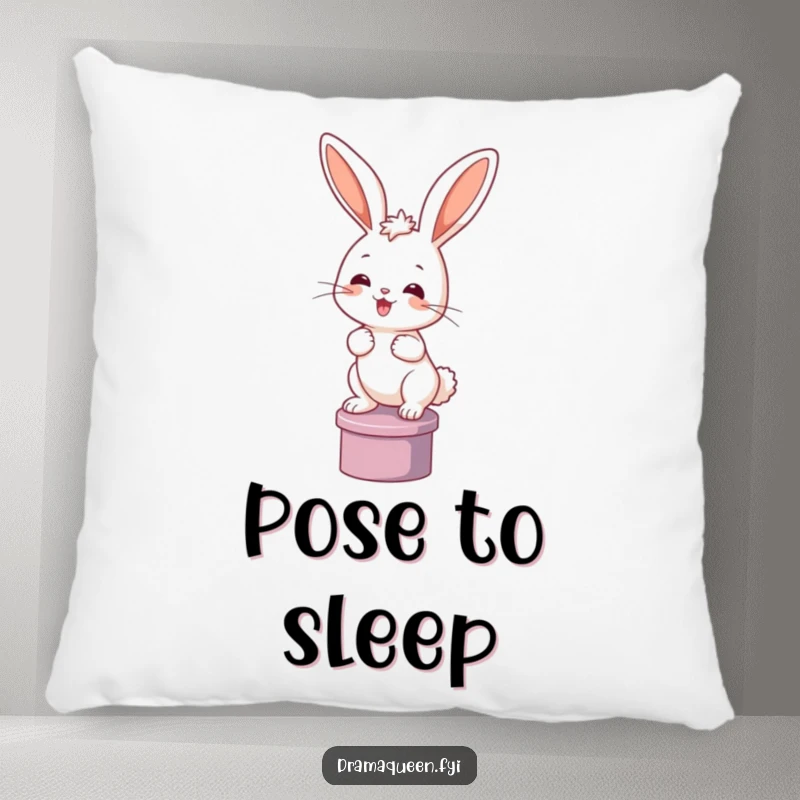 Funny bunny pillow with a happy rabbit posing dramatically on a pedestal. Soft, decorative, and humorous, great for gifting.