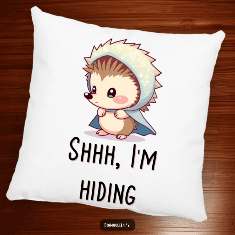 Funny Shy Hedgehog Cape Pillow: A soft pillow with a shy hedgehog peeking from a sparkly cape, perfect for comfort.