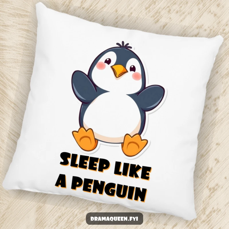 Funny penguin pillow showcasing a playful character in a dramatic pose with flippers out, offering comfort and humorous charm.