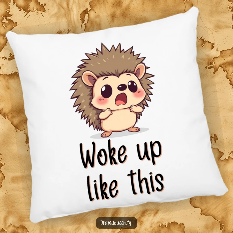 Funny hedgehog pillow showcasing a curious character with a shocked face in a dramatic pose, offering comfort and humorous surprise.