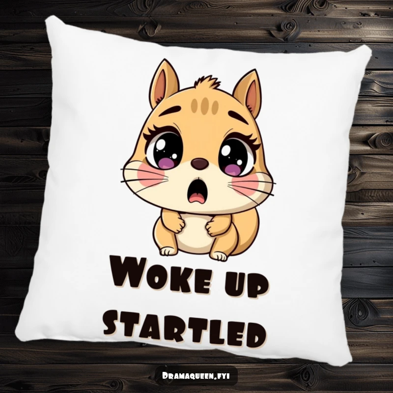 Funny Pillow with a soft, plush design of a shocked squirrel character with wide, round eyes, perfect for cozy, humorous comfort.