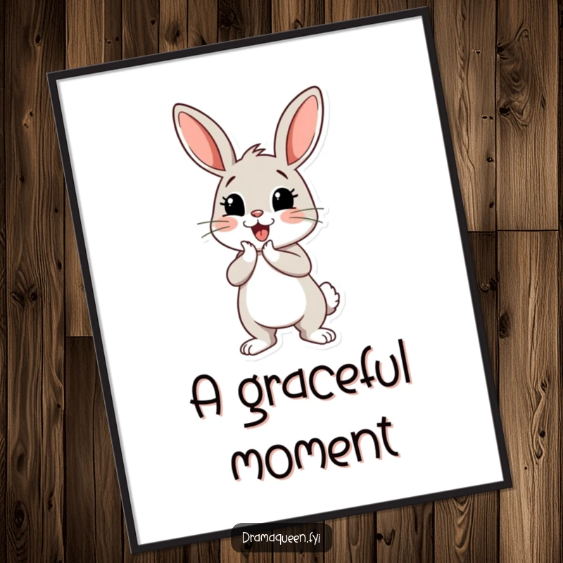 Funny bunny digital art print of a cheerful bunny character performing a dramatic curtsey, ready for instant whimsical decor.