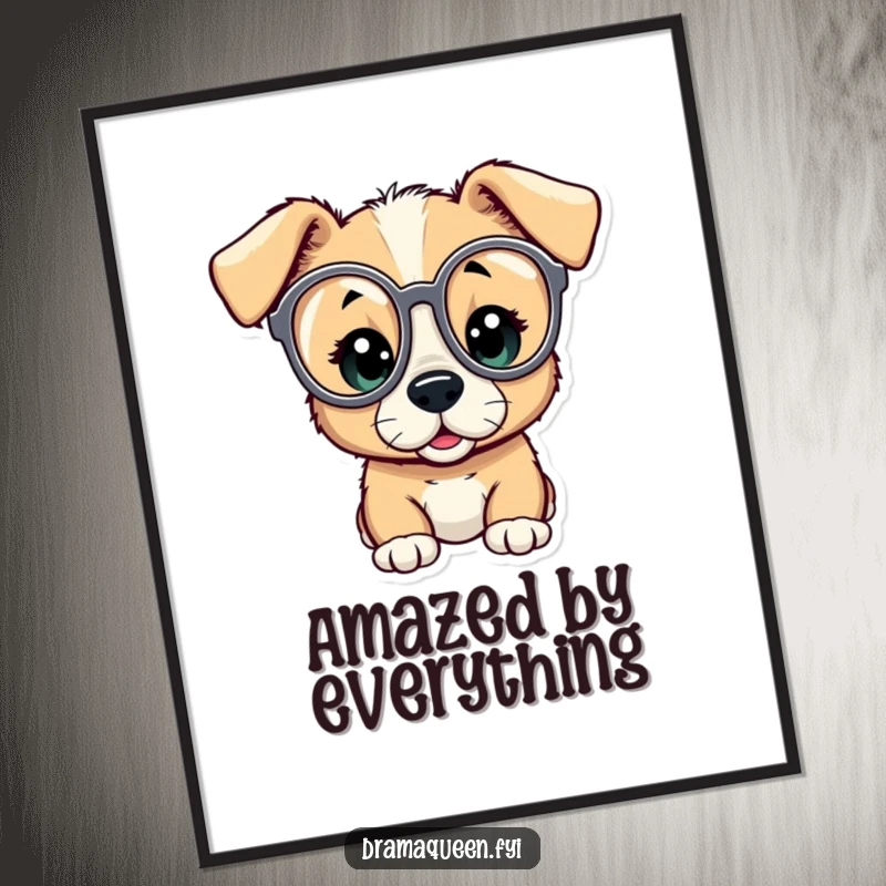 Funny digital art print of a curious puppy looking through oversized opera glasses, eyes wide with utter amazement, perfect for instant decor.