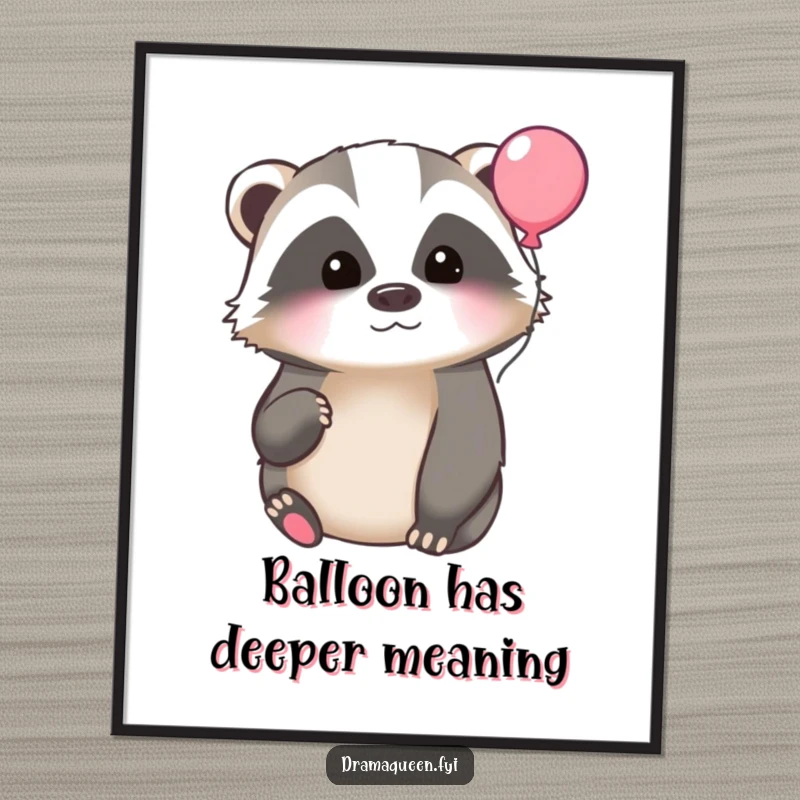 Funny digital art print of a thoughtful badger looking at a floating balloon, offering instant decorative whimsy and a humorous, contemplative mood.