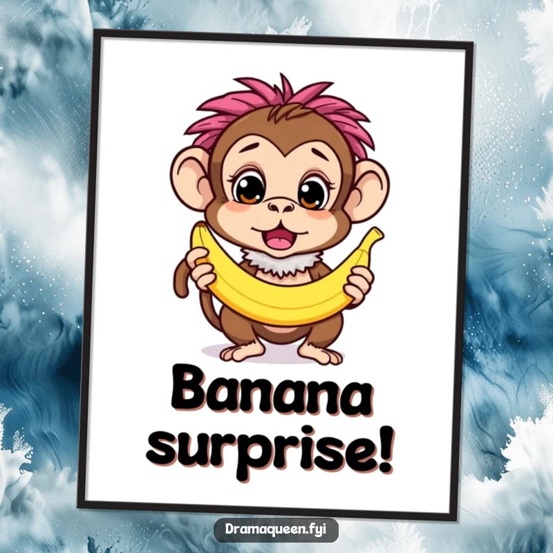 Funny curious monkey character wearing a feathery boa, striking a surprised pose with a banana, printable digital art, quirky.