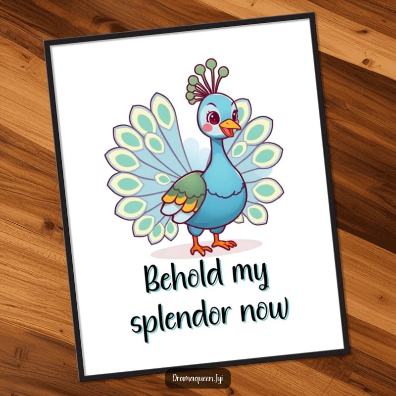 Funny digital art print of a regal peacock fanning its tail feathers with a cheerful grin, creating a dazzling and humorous visual.