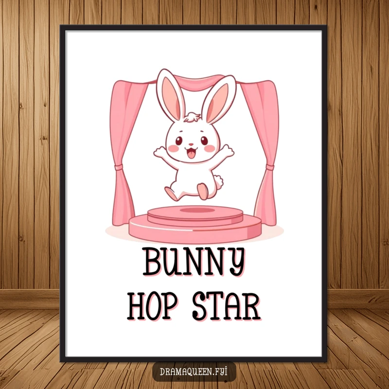 Funny playful bunny character leaping onto a miniature stage on a digital art print, showcasing theatrical performance and humor.