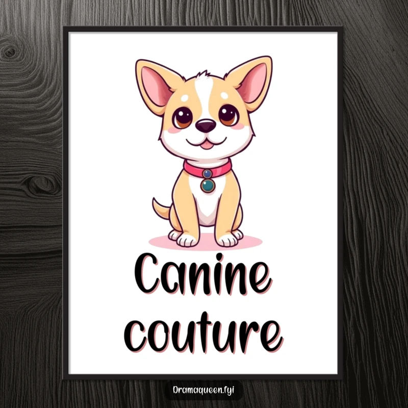 Funny dog digital art print of a cute dog character posing on a runway, ready for stylish home decor.